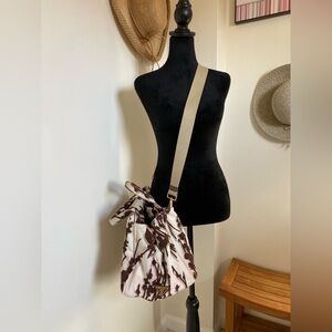 Prada Cream and Brown Floral Shoulder Bag with Wide Beige Strap